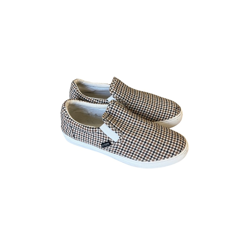 J.Crew Houndstooth Slip On Sneakers Brown Black White Plaid Low Top Shoes 9.5